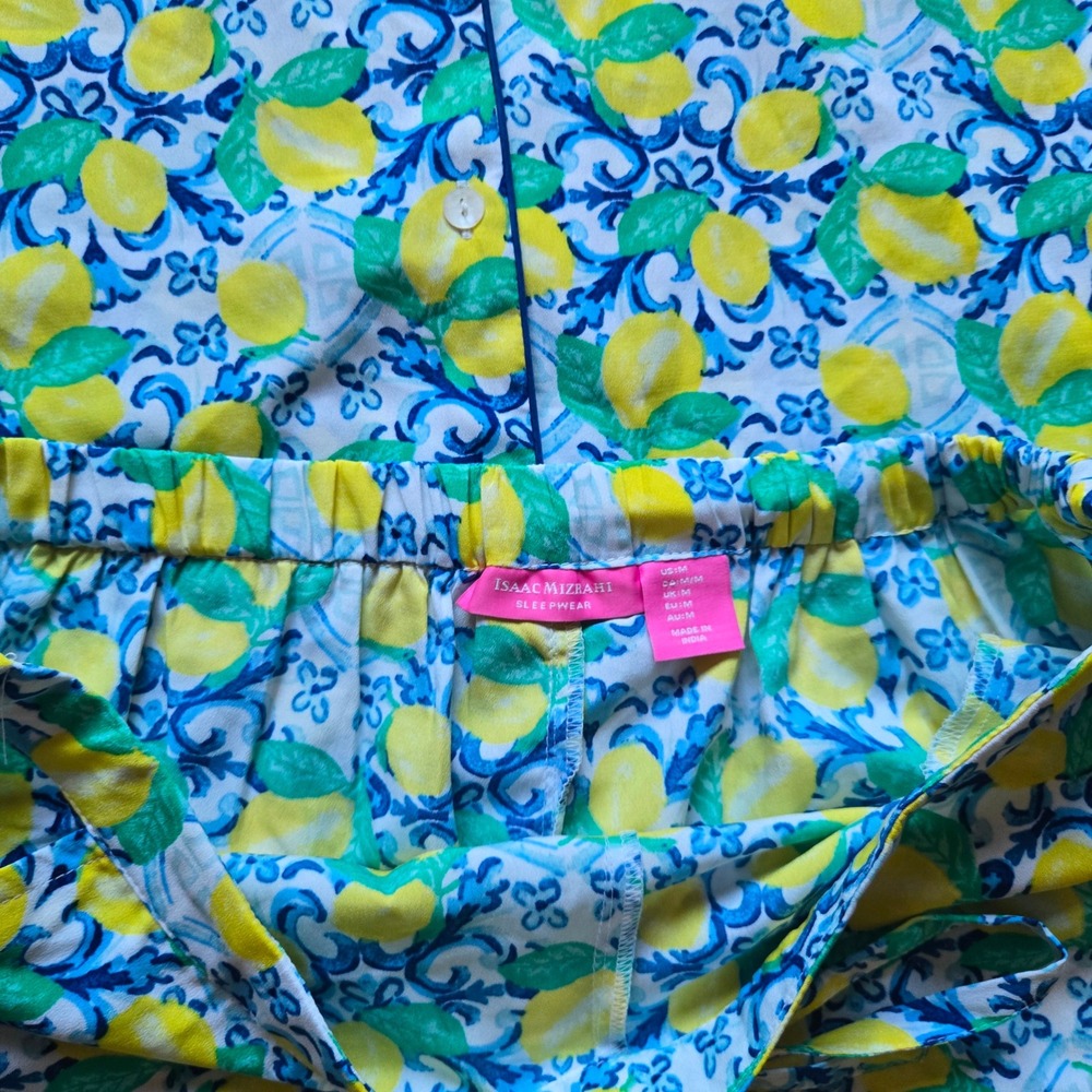 Isaac Mizrahi Sleepwear Lemon Tile Print Pajama Set Shorts Top Blue Yellow M - Picture 3 of 4